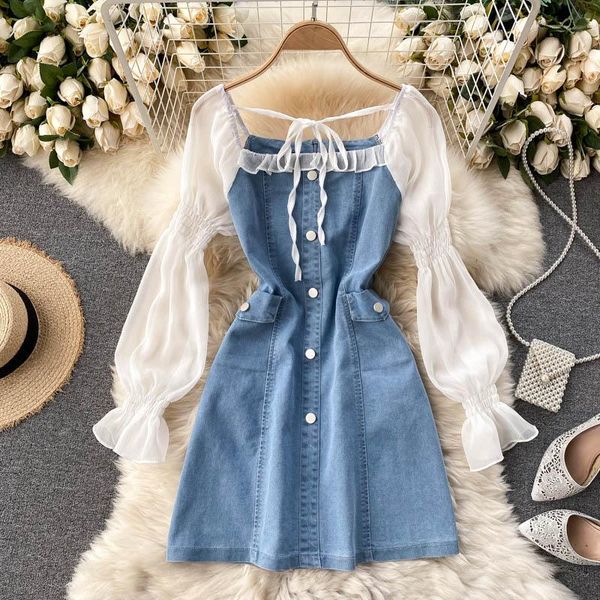 

casual dresses foamlina chiffon patchwork puff sleeve denim dress vintage square collar buttons slim a-line short women's with pocket, Black;gray