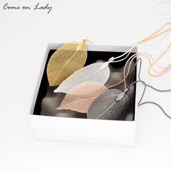 

pendant necklaces come on lady fashion 4 colors natural real leaves leaf necklace long sweater snake chain for women jewelry nc330, Silver