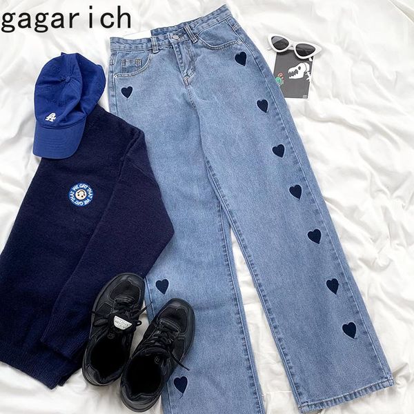 

gagarich women jeans 2021 autumn fashion street style love embroidery design wash high waist loose straight casual denim pants women's, Blue