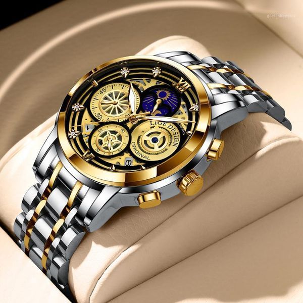 

wristwatches lige 2021 mens watches stainless steel fashion quartz watch man moon phase waterproof men chronograph, Slivery;brown