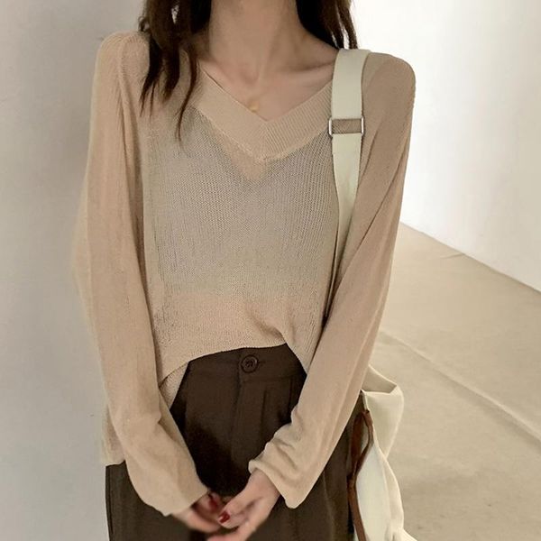 

women's t-shirt cardigan women korean long sleeve summer cropped knitted v neck loose thin sweaters sunscreen shirt, White