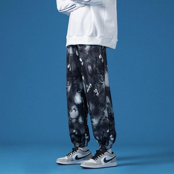 

men's pants spring and autumn trend versatile leggings capris 2021 drawstring loose casual sports, Black