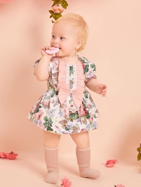 

baby girl floral bow puff sleeve dress she, Red;yellow