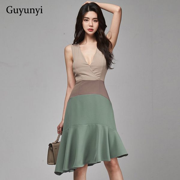 

british style elegant party dress 2021 summer simple fashion three colors stitching v-neck sleeveless high waist tight dress, Black;gray