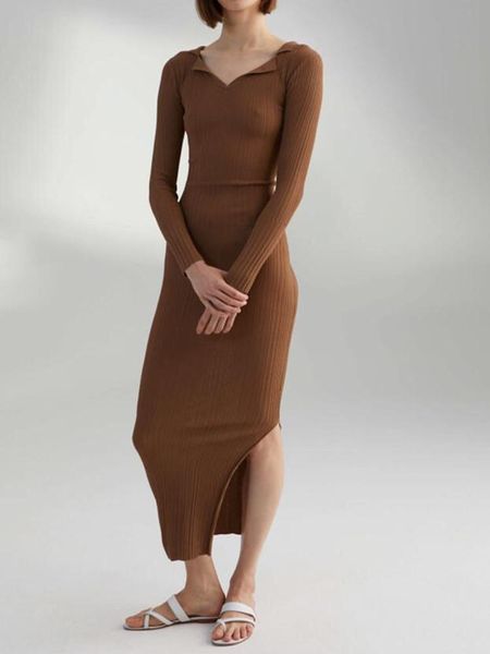 

casual dresses women side split knit slim midi dress 2021 ladies long sleeve tight line v-neck ribbed robes, Black;gray