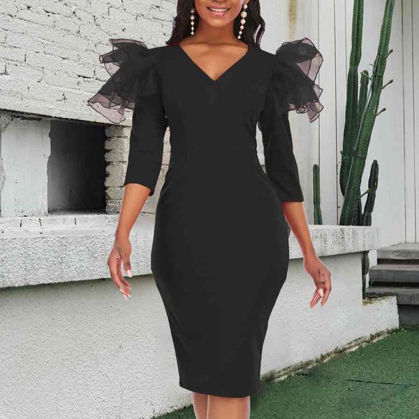 

dresses bodycon v neck patchwork mesh birthday outfits for women ruffle long sleeve slim fit office lady party black red african 210416, Black;gray