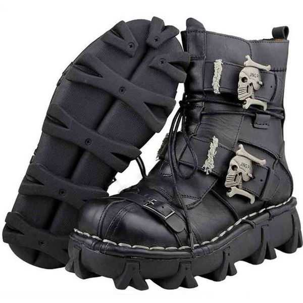 

men's cowhide genuine leather motorcycle boots military combat boots gothic skull punk boots 210923, Black
