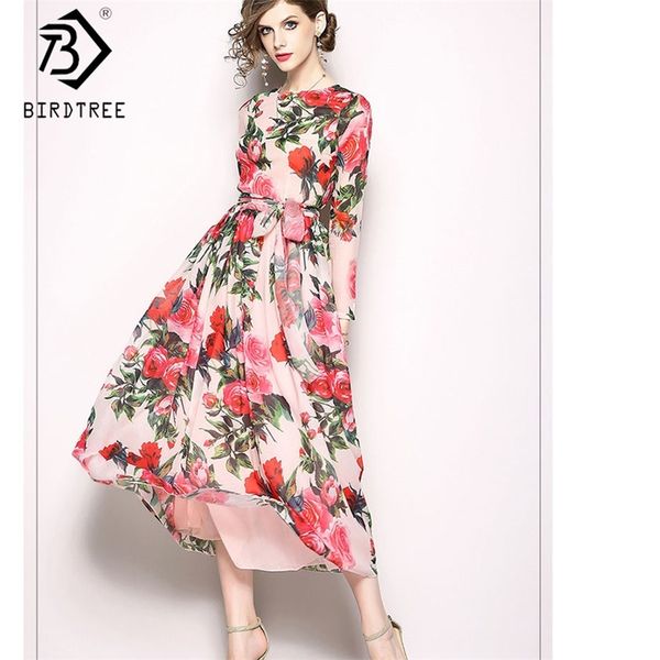 

women's rose leaf print chiffon elegance high waist sashes bow o neck office lady long dress s d8d710i 210416, Black;gray