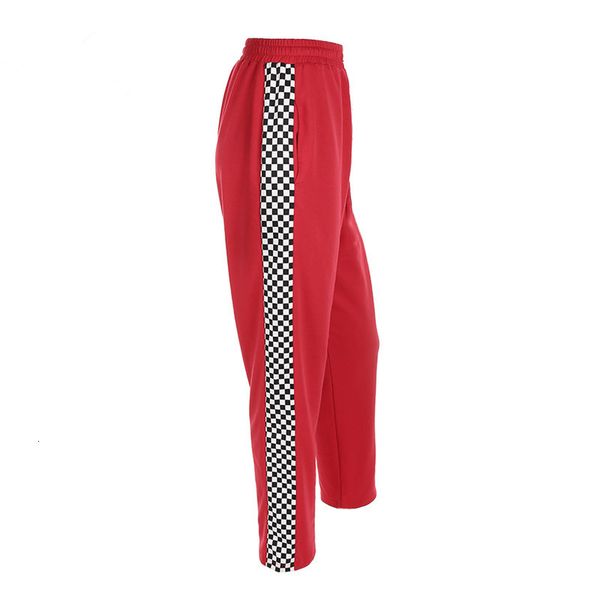 

russia women new europe fashion brand side patchwork plaid print drawstring sweatpants red knit cotton noble lady casual pants, Black;white