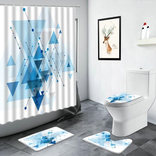 

shower curtains blue geometric pattern curtain set bathroom carpet creative design abstract art decor non-slip rug toilet cover bath mats