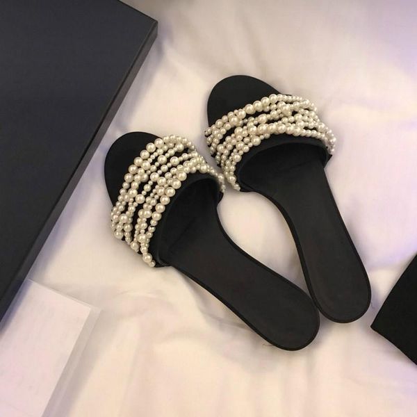 

comfortable string bead slippers women sandals summer shoes flat pearl casual 2021 luxury designed, Black