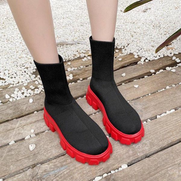 

boots plus size booties trend autumn socks shoes woman stretch fabric mid-calf casual platform net red knitted short women, Black