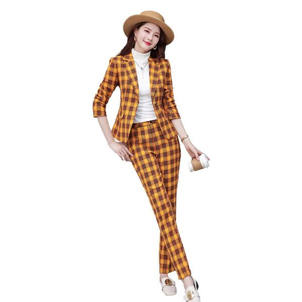 

women's two piece pants yellow gray plaid jacket and trouser ladies pant suit formal women fall winter slim 2 set blazer for business w, White