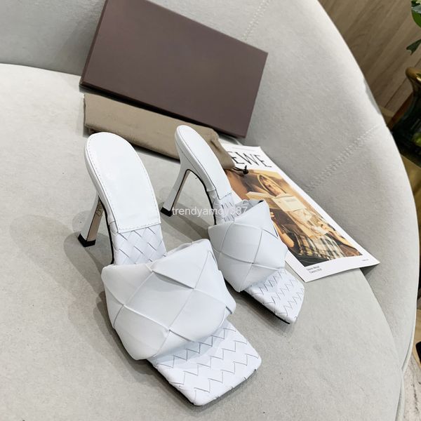

slippers sandal women woven rhombic pattern grid red square head thin heel temperament increased high-heeled shoes straight slipper, Black