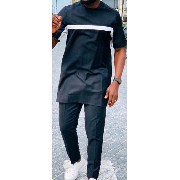 

ethnic clothing short sleeve white stripe decorated african fashion pant suits solid black trousers nigerian style outfits, Red