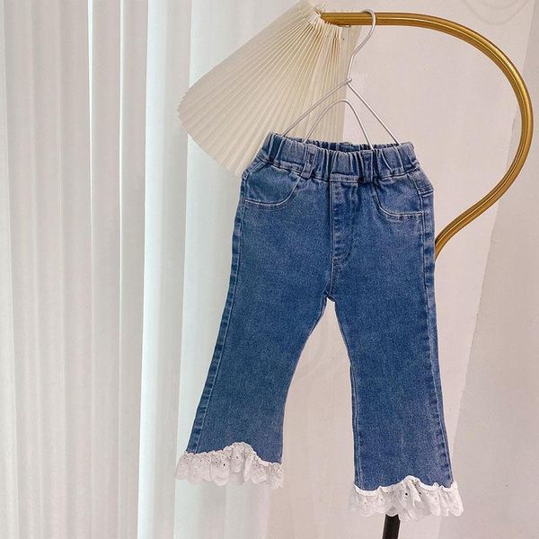 

jeans sweet girls kids princess pant autumn children baby flare lace denim pants trousers s13027, Blue