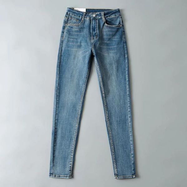 

women's jeans high waist stretch casual blue washed skinny denim pants feet nine points pencil 2021