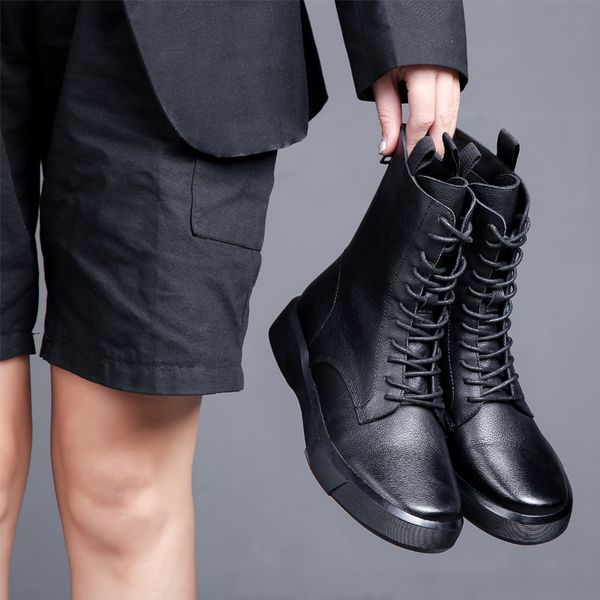 

children's lace up martin boots women's leather british chic locomotive head, Black