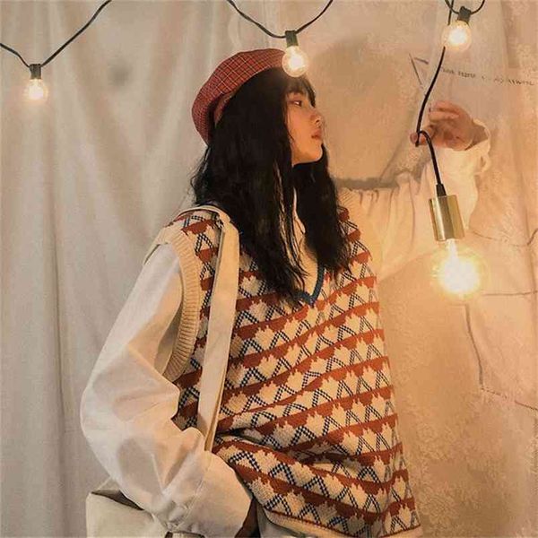 

spring and autumn retro loose slim sweater knitwear women korean v-neck vest student all-match 210427, White;black