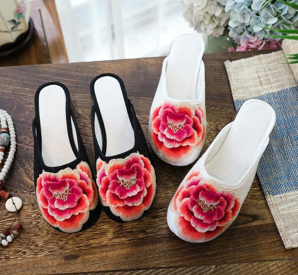 

slippers flowers embroidery women pointed toe cotton mules 3cm low heel canvas closed wedges shoes for ladies zapatos mujer, Black