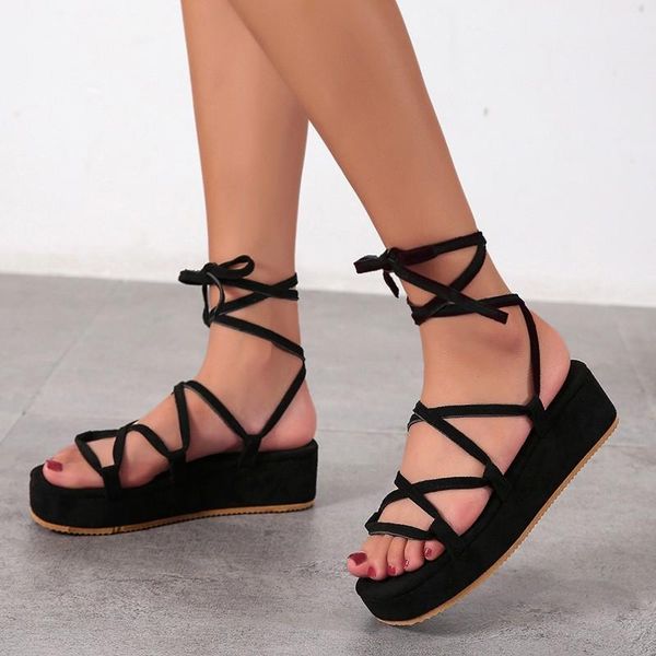 

dress shoes summer fashion sandals women gladiator cross-tied ankle lace up flat platform chunky thick sole modern ladies rome style, Black
