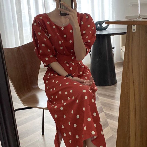 

dresses women summer vintage o neck puff short sleeve split polka dot dress loose lace up waist casual elegant fashion vestido 210610, Black;gray