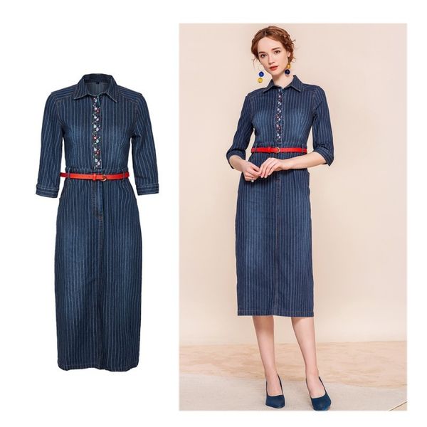 

casual dresses s-3xl vertical stripe belt half sleeve flowers embroidery vintage elegant long bduo, Black;gray