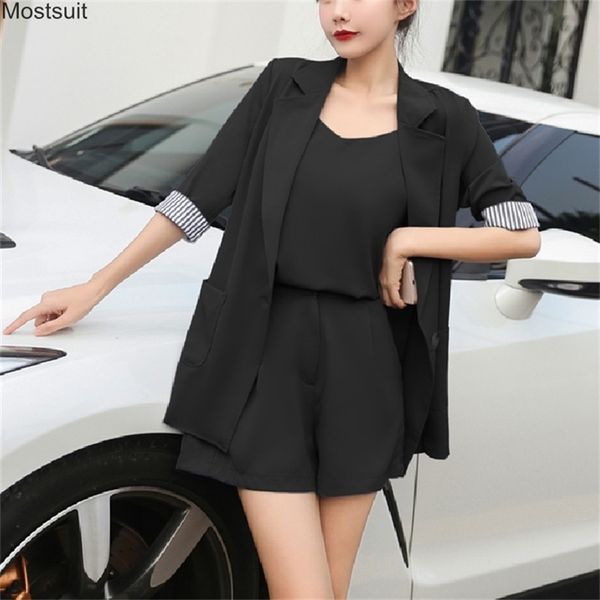 

summer elegant ol 3 piece set women plus size long single button blazer + spaghetti vest elastic waist wide leg shorts suit 210513, White