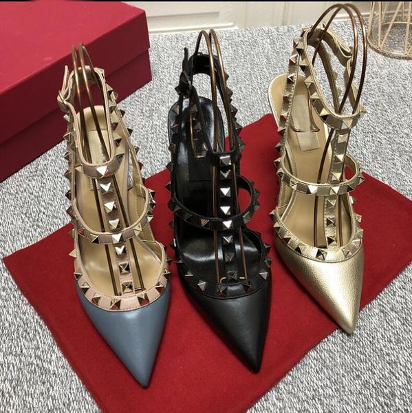 

sandals designer luxry summer women high heel pointed with rivets genuine leather 6cm 8cm 10cm lady wedding shoes 34-43 dust bag, Black