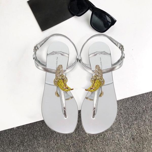 

summer flip toe banana crystal diamond flat bottom all-match holiday beach slippers comfortable dress women sandals, Black