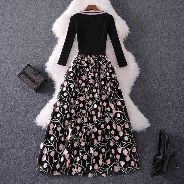 

fall winter lady elegant knitted shirt floral embroidery mid-calf tulle party dress, Black;gray