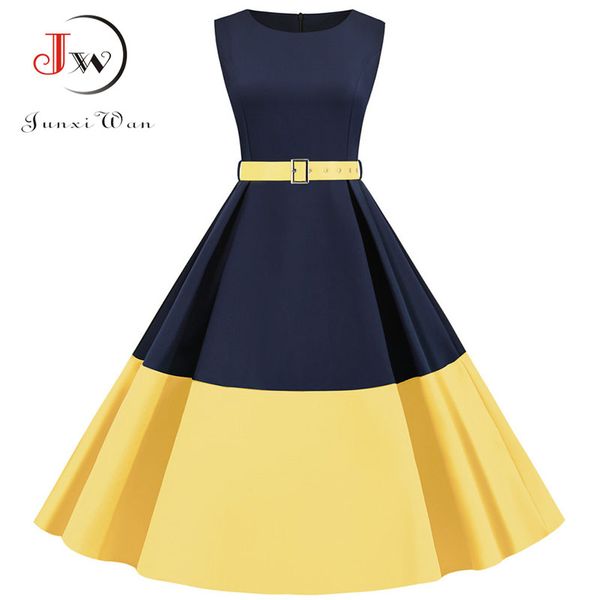 

20213xl summer women elegant vintage midi dress solid patchwork a-line vestidos sleeveless party dress plus size robe femme, Black;gray