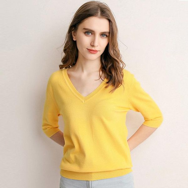 

women's sweaters spring summer thin casual jumper female women pullovers solid v-neck short-sleeved knit cashmere sweater re2531, White;black