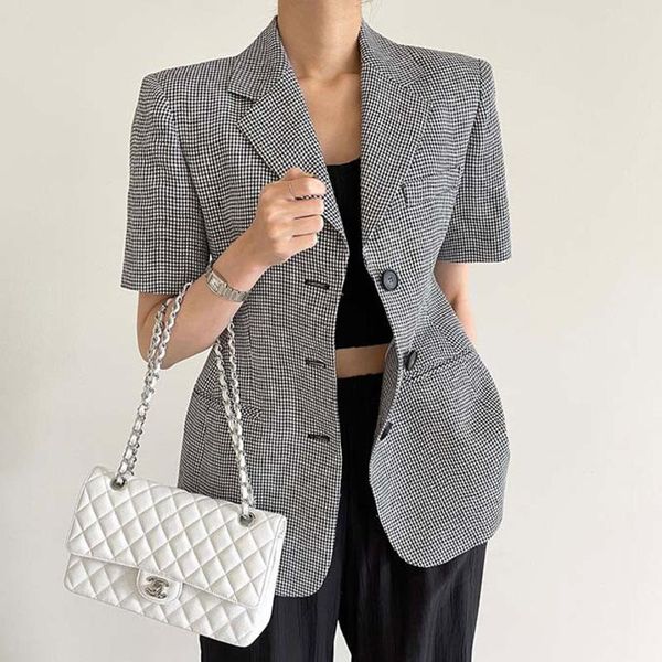 

women's suits & blazers korean chic retro button up casual plaid women office ladies loose short sleeve hipster summer ropa de mujer, White;black