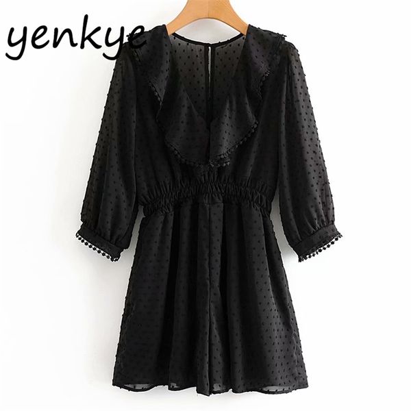 

vintage black dotted summer jumpsuit women semi-sheer v neck three-quarter sleeve casual romper short overalls aazz9682 210514, Black;white