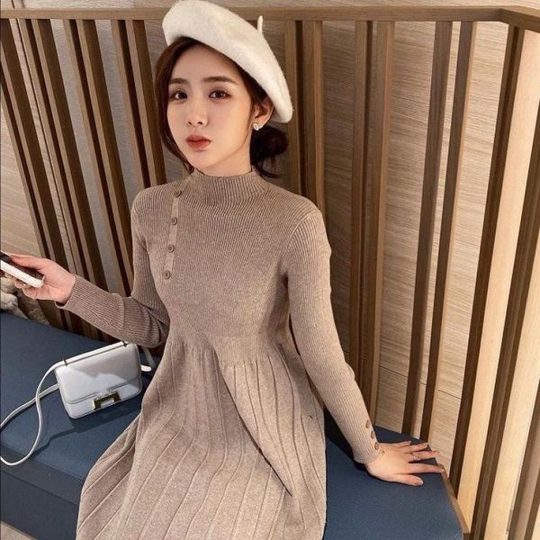

casual dresses elegant long sleeve solid pleated dress women bottom thick knitted slim sweater dresse female autumn winter high waist vestid, Black;gray
