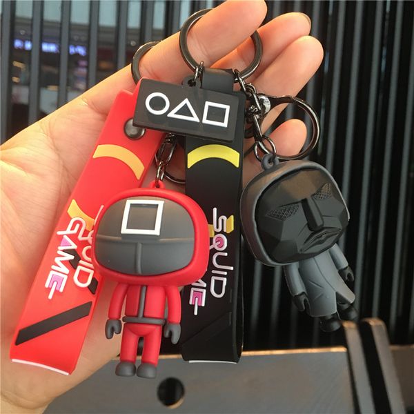 

squid game figures mask keychain ring pvc bag pendant charms accessories round six cosplay keyring for ladies women men kids key chain chris, Slivery;golden