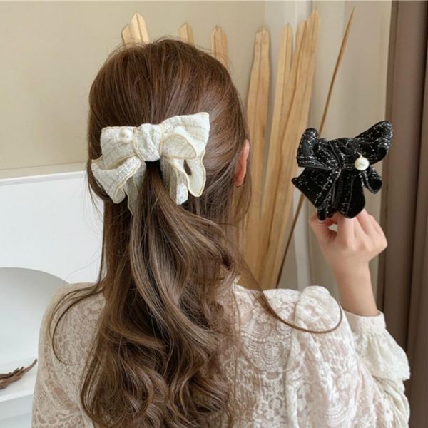 

korean sweet classic plaid bow hairpins pearl bowknot fabric ribbon banana hair clip pins hairgrips accessories for women