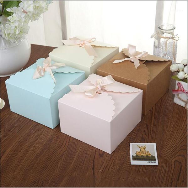 

20pcs 14.5x14.5x9cm small candy box square paper gift with ribbon brown pink blue cardboard cookie party supplies1