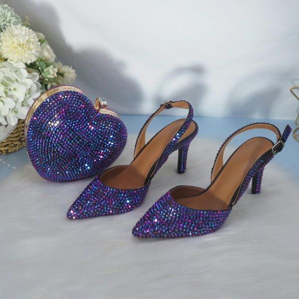 

dress shoes 2021 arrival heart purple ab bling pointed toe bridal and bag woman high pumps thin heel party backs, Black
