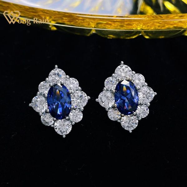 

wong rain vintage 100% 925 sterling silver created moissanite sapphire gemstone earrings ear studs fine jewelry wholesale stud, Golden;silver