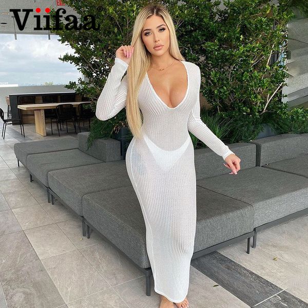 

viifaa v-neck see through knitted bodycon maxi dress long sleeve summer women vacation beach white slim fit dressesplus size clothes, Black;gray