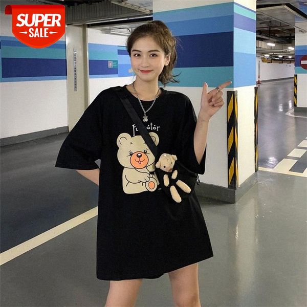 

korean version of the new harajuku style bottom coat missing bear print loose short-sleeved t-shirt women's clothing #me3a, White