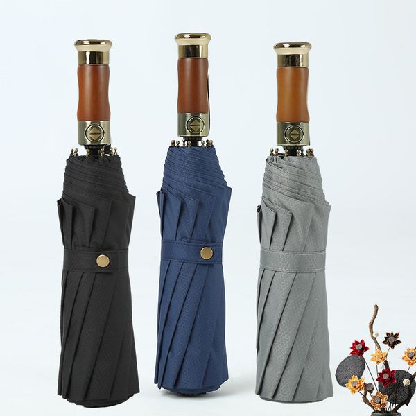 

full automatic handle double blue folding gift advertising three fold black business umbrella with wooden