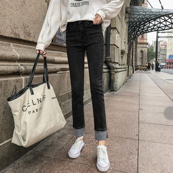 

woman jeans panelled color pencil pants casual high waist line classic style autumn winter 11210 women's, Blue