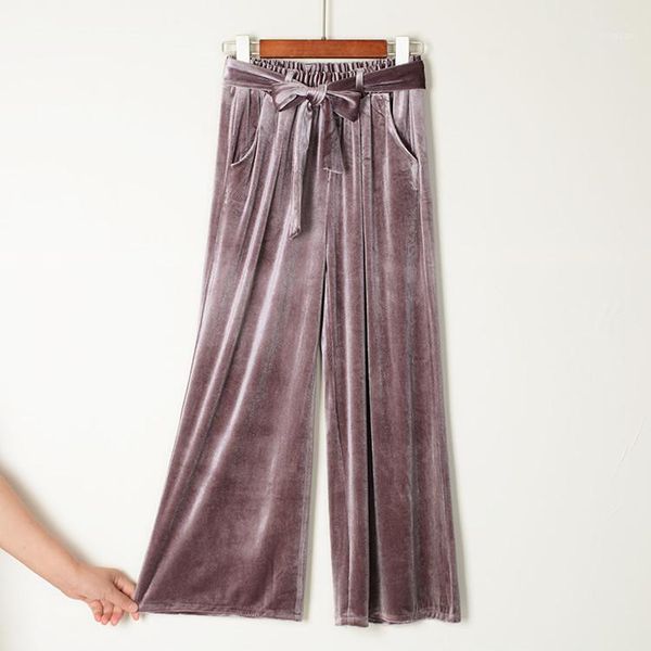 

women's pants & capris 2021 spring and autumn gold velvet female pocket wide leg loose bow belt nine casual, Black;white
