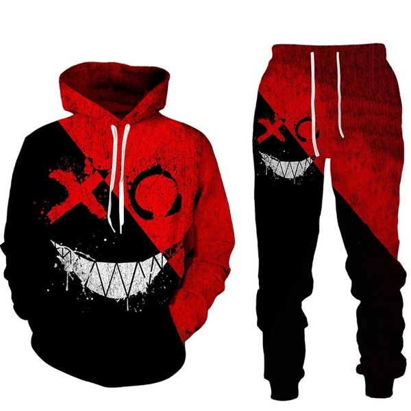 

men's devil smile print, jogging casual wear, hoodie and , 2 piec, Gray