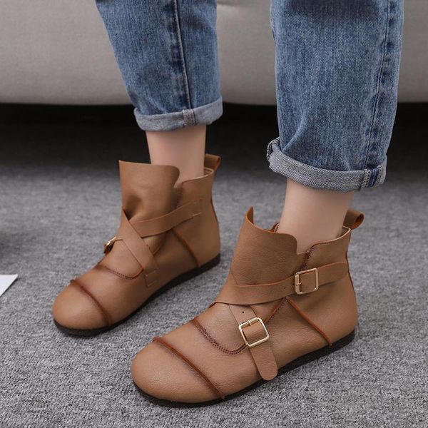 

boots woman drop pu leather ankle women casual soft sole vintage buckle flat cowboy shoes short botas mujer winter, Black