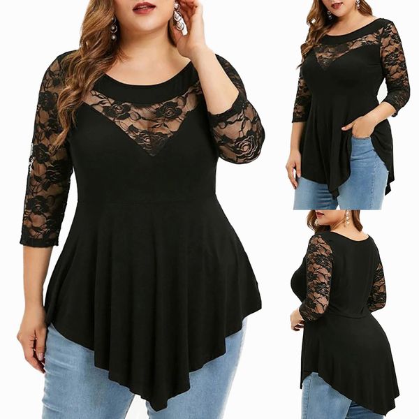 

plus size dresses 2021 summer large flower lace solid irregular perspective round ne top