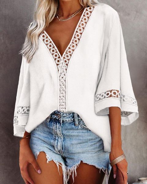 

women's blouses & shirts spring summer women solid hollow-out blouse femme casual plain bell sleeve v-neck ladies mid clothing, White